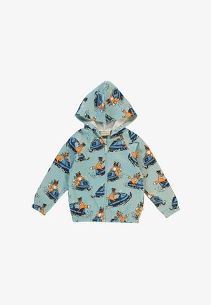 Kapuzenshirt aus hellblauem Stoff mit einem Muster von Cartoontier-Füchsen und Schneemobilen, mit einer Reißverschlussöffnung sowie elastischen Bündchen und Saum.