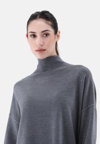 Grauer Rollkragenpullover aus weichem, glattem Stoff; lockere Passform mit abgesenkten Schultern und Rippendetails am Hals.