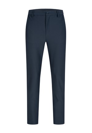 Marineblaue Nadelstreifen-Hose aus weichem Stoff mit taillierter Passform, ausgestattet mit einem Knopfverschluss und Gürtelschlaufen für zusätzlichen Komfort.