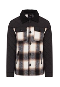 Tkanina jakna s črnimi rokavi in ovratnikom. Karirani vzorec je sestavljen iz belih, črnih in rjavih motivov. Zapenjanje na gumbe in prsni žepi.