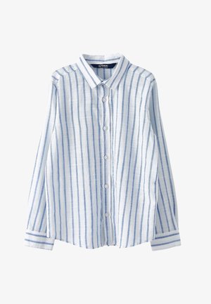 Camisa de lino con rayas en azul claro y blanco. Cuenta con mangas largas, cuello puntiagudo y textura de tela, con un corte relajado.