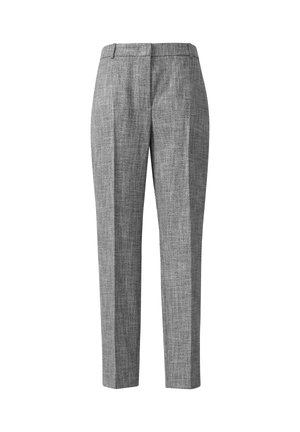 Grey tailored trousers with a textured fabric, slim fit design, and flat front. Features neat seams and a classic waistband.