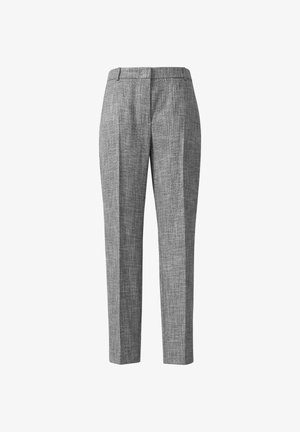 Grey tailored trousers with a textured fabric, slim fit design, and flat front. Features neat seams and a classic waistband.