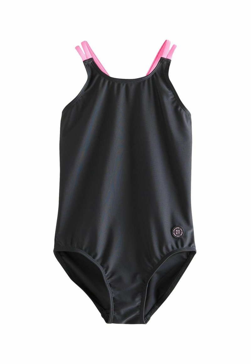 Maillot de bain noir avec des bretelles roses, fabriqué à partir d'un matériau lisse et extensible. Présente un design ajusté et un petit logo sur le bas à droite.