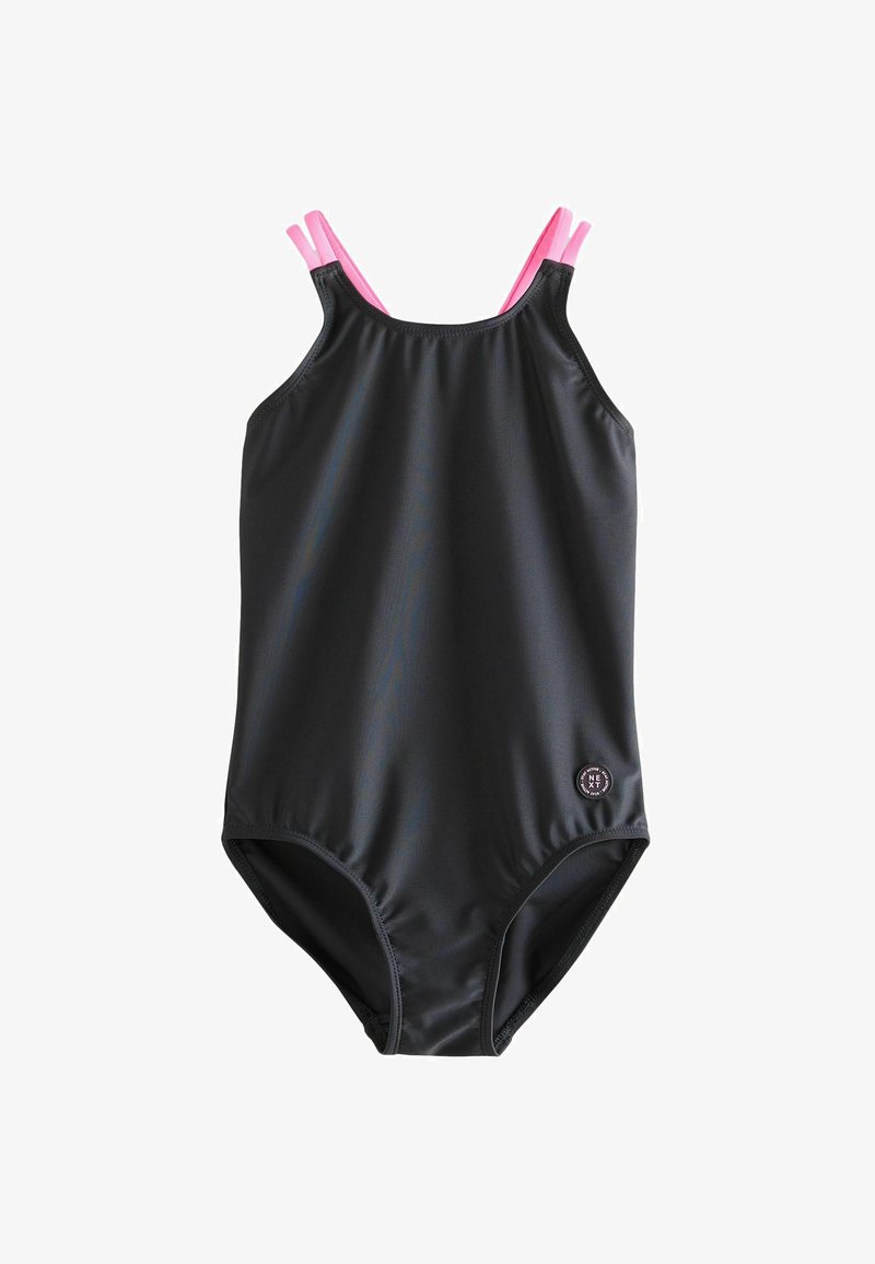 Čierne plavky s ružovými popruhmi, vyrobené z hladkého, elastického materiálu. Majú priliehavý strih a malé logo na dolnej pravej strane.