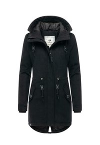 Svart mellanlång vinterjacka med huva, framdragkedja, dragsko i midjan och huvan, knäppbara fickor med flik och ribbade ärmslut.