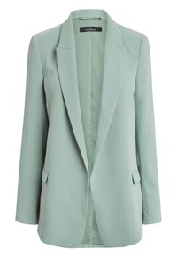 Blazer da donna in verde menta, rifinito, con revers, maniche lunghe, tasche a pattina e fodera liscia.