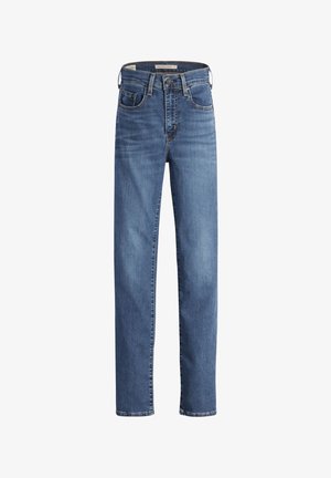 Jeans en denim bleu avec une coupe droite, style cinq poches et fermeture à bouton à la taille. Détails de couture classiques.