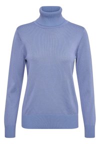 Helles blauer Rollkragenpullover aus geripptem Stoff, mit langen Ärmeln und einer taillierten Passform, die eine glatte Textur und ein einfaches Finish aufweist.