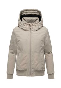 Lichtbeige jas met een gequilt capuchon, ritssluiting aan de voorkant, ribgebreide manchetten en een textuurstof. Geschikt voor casual draag en koelere weersomstandigheden.