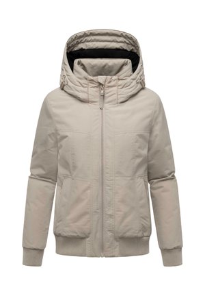 Veste beige clair avec capuche matelassée, fermeture éclair à l'avant, poignets côtelés et tissu texturé. Convient pour un usage décontracté et les temps plus frais.