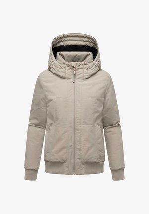 Lichtbeige jas met een gequilt capuchon, ritssluiting aan de voorkant, ribgebreide manchetten en een textuurstof. Geschikt voor casual draag en koelere weersomstandigheden.