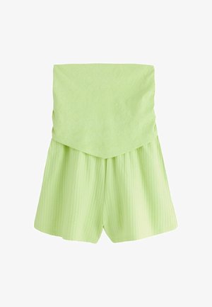 Shorts taille haute vert clair avec une large ceinture rabattue présentant des motifs circulaires subtils et un design à rayures verticales texturé.