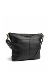 Borsa a tracolla in pelle nera con chiusura a zip, tracolla regolabile e texture liscia, con un sottile dettaglio di cucitura sul fronte.