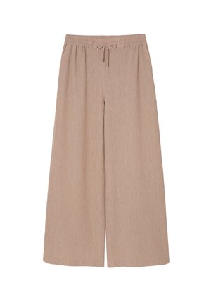 Pantalons larges beiges avec une finition texturée, taille élastique et cordon de serrage ajustable. Le tissu est léger et doux.