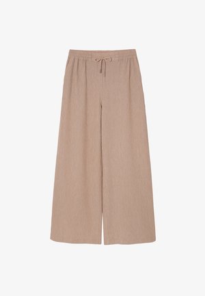 Beige wide-leg trousers with a textured finish, elastic waistband, and adjustable drawstring. The fabric is lightweight and soft.