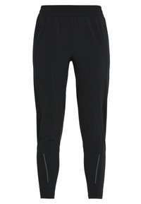 Černé sportovní joggery vyrobené z hladké, elastické tkaniny. Mezi rysy patří elastický pás, kapsy na zip a reflexní akcenty.