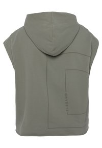 Felpa senza maniche con cappuccio in verde tenue, caratterizzata da un design lineare minimalista e un logo sul retro. Tessuto morbido con una texture liscia.
