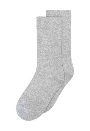 Chaussettes en coton grises avec une texture lisse, de longueur standard et des bords côtelés. Deux paires exposées, présentant un design simple et neutre.