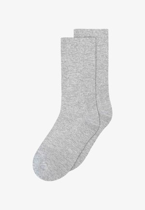 Graue Baumwollsocken mit einer glatten Textur, Standardlänge und Rippbündchen. Zwei Paar werden angezeigt, die ein einfaches und neutrales Design zeigen.