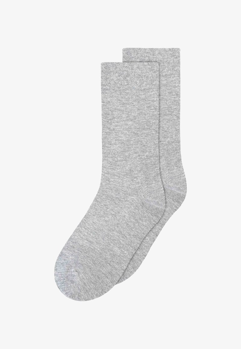 Graue Baumwollsocken mit einer glatten Textur, Standardlänge und Rippbündchen. Zwei Paar werden angezeigt, die ein einfaches und neutrales Design zeigen.