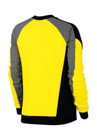 Long-sleeve sweatshirt featuring a bright yellow front, gray shoulders, and black sides. Made from soft fabric with ribbed cuffs and hem.