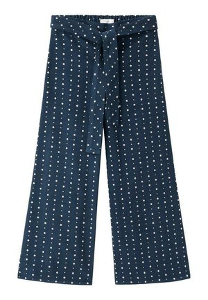 Pantalons large en tissu bleu marine, dotés d'une surface texturée avec des pois blancs. Ceinture réglable avec lien, devant plat et dos élastique.