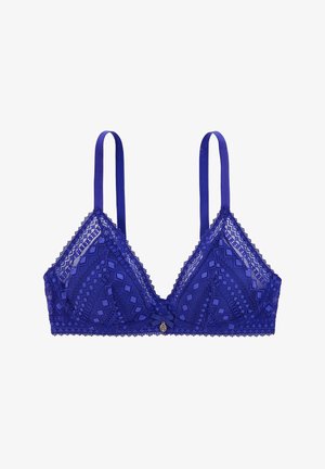 Un bralette en dentelle violette avec une forme triangulaire, des bretelles ajustables, des motifs en diamant délicats et un petit accent en matériel doré au centre.
