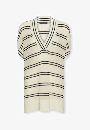 Maglione a maniche corte in maglia color crema con strisce orizzontali nere e scollo a V profondo.