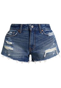 Szorty dżinsowe w średnim niebieskim odcieniu; posiadają postrzępione brzegi, detale przecierania oraz pięć kieszeni z miedzianymi ozdobami.