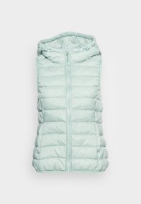 Light mint green puffer vest with a zip-up front, adjustable hood, and horizontal quilted pattern. Smooth, shiny fabric texture.