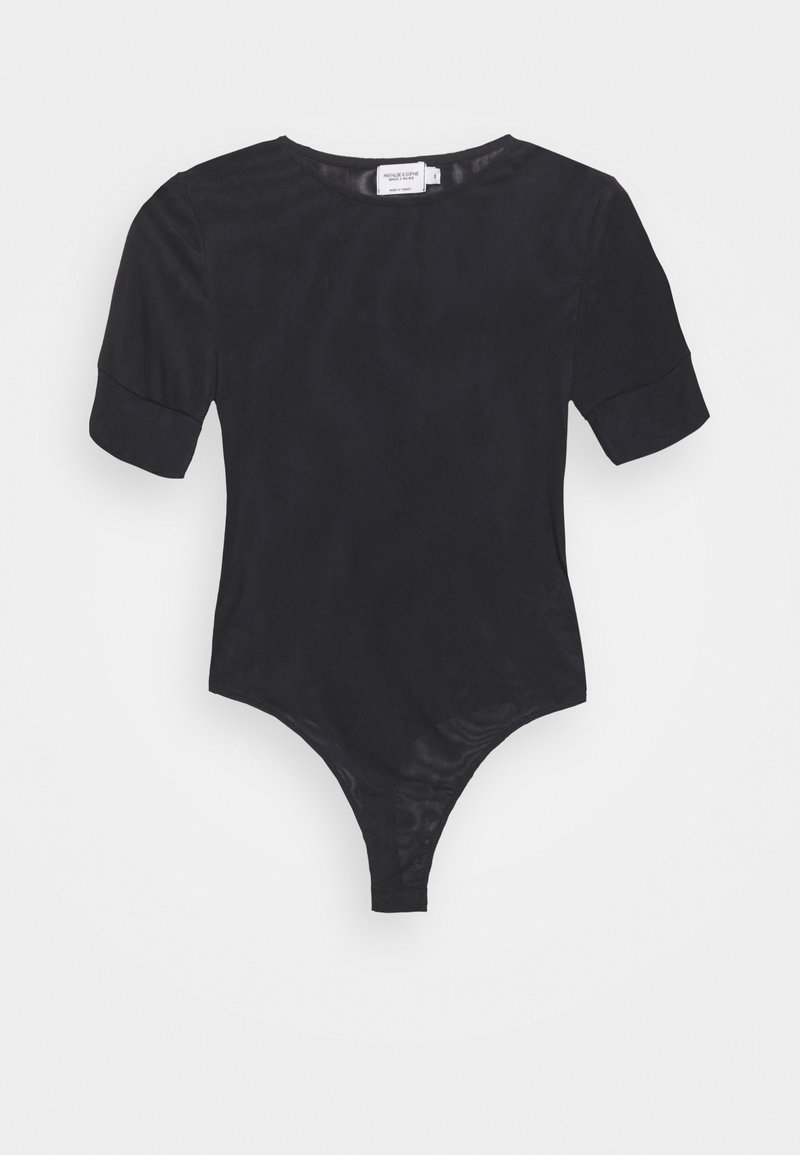 Zwarte body met korte mouwen, ronde halslijn en hoog uitgesneden beenopeningen, plat uitgestald op een witte achtergrond.