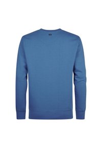 Felpa blu, materiale in cotone, collo a giro, maniche lunghe, texture liscia, polsini e orlo a coste, senza motivi o dettagli visibili.