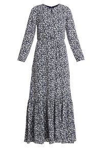 Marineblauwe maxi-jurk met lange mouwen en een wit bloemenpatroon, ronde halslijn, een getailleerde taille en een gelaagde rok. Zachte stof met een lichte textuur.
