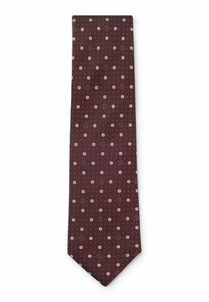 Burgundy slipsud med et struktureret stof med et gentagende hvidt blomstermønster. Slipsen har en standard smal skæring og spids ende.