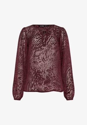 Bordowa bluzka z przezroczystego materiału z teksturowanym wzorem zwierzęcym, długie rękawy z elastycznymi mankietami oraz okrągły dekolt ze sznurkiem.