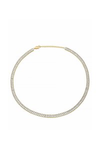 Gold-tone necklace with clear rectangular crystals, featuring a linked design and clasp closure. Reflective surface and even spacing of stones.
