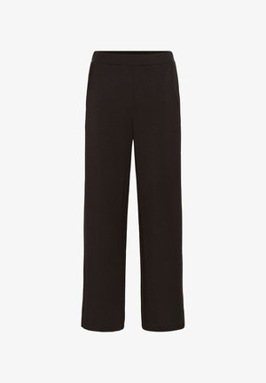 Sile mustad laiad püksid, mis on valmistatud siledast kangast, elastse vöökoha ja ilma nähtavate taskute või kaunistusteta.