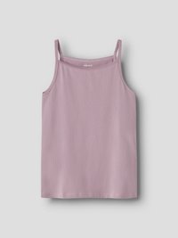 Débardeur en coton violet doux sans manches avec fines bretelles et bordure en dentelle subtile au niveau de l'encolure, présenté sur un fond gris neutre.