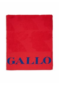 Asciugamano rosso con un motivo testurizzato e la parola "GALLO" in lettering blu in grassetto nella parte inferiore. Materiale morbido con una finitura vellutata.
