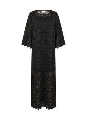 Robe en dentelle noire à coupe ample, longueur genou, avec manches courtes, motif floral et bords festonnés aux manches et à l'ourlet.