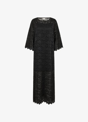 Robe en dentelle noire à coupe ample, longueur genou, avec manches courtes, motif floral et bords festonnés aux manches et à l'ourlet.