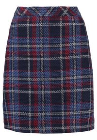 Ruokalautanen, joka on valmistettu tekstuurista kankaasta, jossa on tummansinisiä, punaisia ja sinisiä sävyjä, rakenteellinen istuvuus ja vyötärönauha.