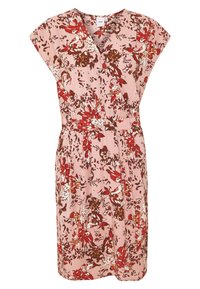 Kukkapuku vaaleanpunaisesta kankaasta, jossa on punaisia ja ruskeita kuvioita, lyhyet hihnat, V-kaula-aukko ja joustava vyötärö, polvipituinen.