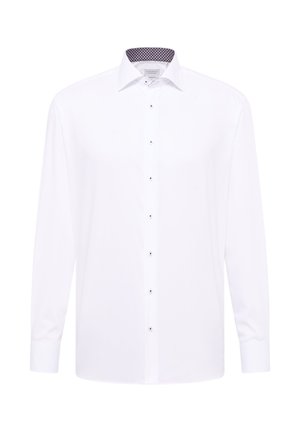 Witte lange mouwen overhemd van katoen, met een klassieke kraag en gestructureerde zwarte accenten aan de binnenkant van de kraag en manchetten, met zilveren knopen.