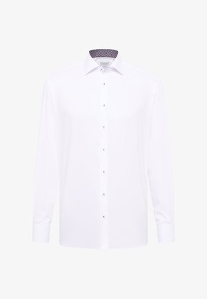 Witte lange mouwen overhemd van katoen, met een klassieke kraag en gestructureerde zwarte accenten aan de binnenkant van de kraag en manchetten, met zilveren knopen.