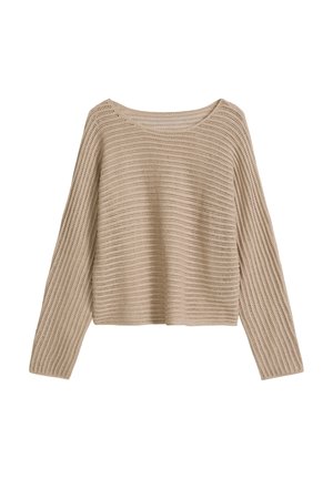 Pull tricoté beige à manches longues avec une maille lâche et respirante et un large col rond.