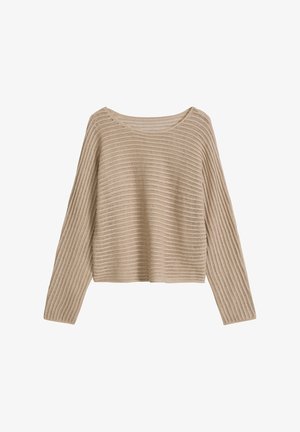 Pull tricoté beige à manches longues avec une maille lâche et respirante et un large col rond.
