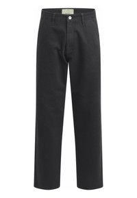 Black cotton pants with a straight leg design, featuring a button closure, front pockets, and a label at the waistband.