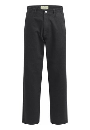 Pantalon en coton noir avec une coupe droite, présentant une fermeture à bouton, des poches avant et une étiquette au niveau de la taille.